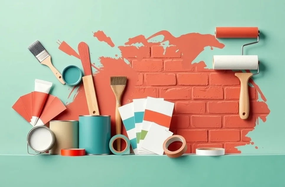 Pots de peinture, nuancier, brosses et rouleaux disposés à plat