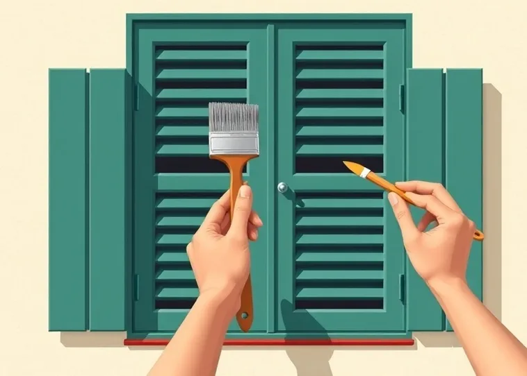 Mise en peinture au pinceau de volets et d'encadrements en bois