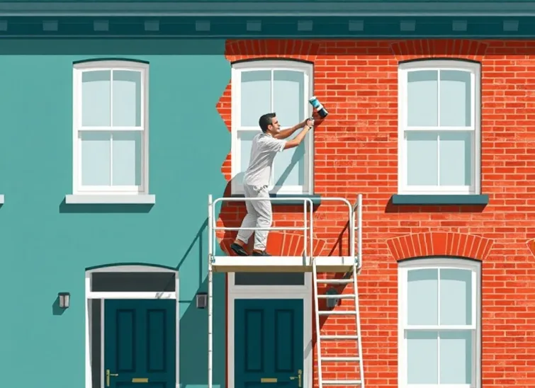 Peintre sur échafaudage traitant la façade d'une maison