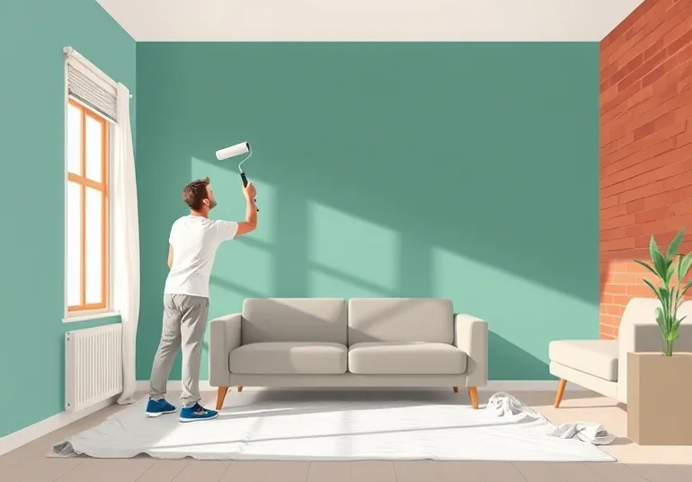 Peintre appliquant la peinture au rouleau sur un mur de salon
